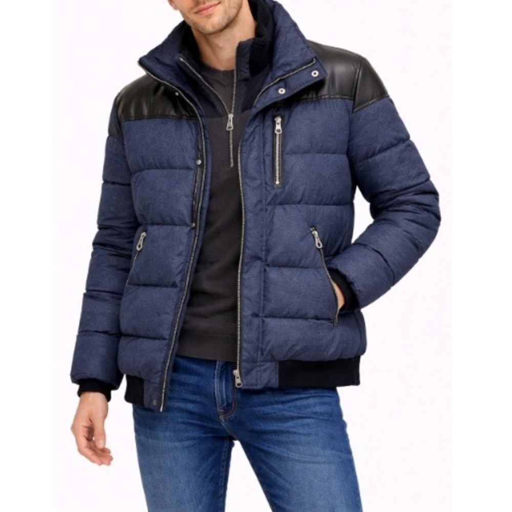 Noize Nick Men's Blue Detachable Hood Faux Fur Trim Puffer Bomber Jacket Size L‎